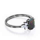 Butterfly style 1.25 Carat Oval Cut Natural Black Fiery Opal And Diamond Nature Inspired Engagement Ring In White Gold
