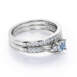 Trilogy Duo Milgrain 0.7 TCW Princess Cut Aquamarine and Moissanite Vintage Bridal Ring Set in White Gold