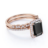Artdeco scalloped 1.75 Carat Emerald cut Lab Black Diamond Wedding Ring Set for Women in White Gold