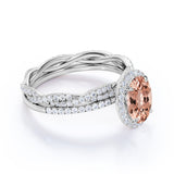 Antique 1.75 Carat oval cut Morganite and Diamond Bridal Wedding Ring Set in Rose Gold