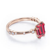 Sharp Eight Claws 1.10 Carat Emerald Cut Ruby And Diamond Beaded Engagement Ring In White Gold