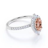 Shared Prong1.50 Carat Oval Shape Dark Pink Morganite and Diamond Halo Snowflake Engagement Ring in Rose Gold