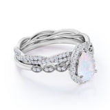 1.75 ct Pear Shaped Fire Opal & Diamond Vintage Wedding Ring Set in 10K White Gold