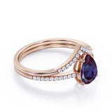 Chevron Pave Set 1.40 Carat Pear Cut Lab Created Alexandrite And Diamond V Style Bridal Set In White Gold