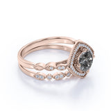 Art Deco Halo 0.8 Ct Round Cut Salt and Pepper Diamond Bridal Set