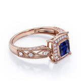 Designer Beaded 1.35 Carat Princess Cut Sapphire And Diamond Halo Engagement Ring In Rose Gold