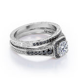 Filigree Pave Channel 1.6 TCW Round Moissanite with Lab Created Black Diamond Double Prong Cluster Wedding Set in Black Gold