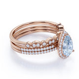 Affordable 2 Carat Pear cut Aquamarine and Diamond Antique Wedding Trio Ring Set in Rose Gold
