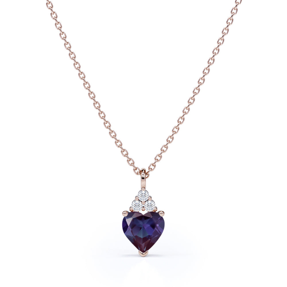 Delicate 1.05 Carat Heart Shaped Lab Created Alexandrite and Diamond Three Prong Pendant Necklace In White Gold For Her