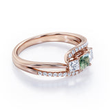 Shared Prongs 1 carat Princess Green Moss Agate and Moissanite Split Shank Band Engagement Ring in Rose Gold