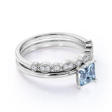 Vintage 1.50 ct Princess Aquamarine Solitaire Bridal Set