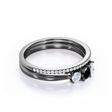 1.45 Carat Round Cut Lab Grown Black Diamond Three Stone Wedding Ring Set In White Gold