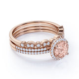 Designer 2 Carat Round Cut Peach Morganite and Diamond Trio Wedding Ring Set in 10k White Gold Celebrity Ring