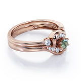 6 Prong Tension Design - 0.55 TCW Round Shaped Green Moss Agate and Moissanite - Flush Chanel Wedding Ring Set - Rose Gold