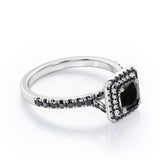 Double Halo Design - 1.45 TCW Princess Cut Lab Created Black Diamond - Engagement Ring with Pave Accents in White Gold