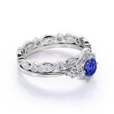 Antique Flower Design 2.25 Carat Round Cut Sapphire and Diamond Halo Wedding Set with Eternity Band in White Gold