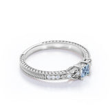 1.10 Carat Princess Cut Aquamarine And Diamond Vintage Milgrain Engagement Ring In White Gold.