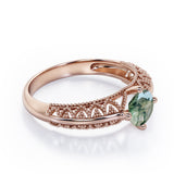 Beaded Art Deco 1 Carat Round Cut Green Moss Agate Solitaire Engagement Ring In White Gold