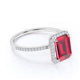 Handmade Pave Set 1.50 Carat Emerald Cut Lab Ruby and Diamond Engagement Ring in White Gold