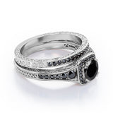 Filigree Pave Channel 1.6 TCW Round Lab Created Black Diamond Double Prong Cluster Wedding Set in White Gold