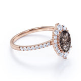 1.50 ct Oval Black Rutilated Quartz Halo Pave Engagement Ring