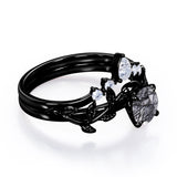 Nature Inspired 1.15 Carat Round Cut Solid Black Rutile Clear Crystal Quartz Leaf Style Five Stone Wedding Ring Set In White Gold
