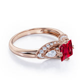 Vintage Eight Prongs 1.30 Carat Princess Cut  Lab Ruby And Diamond Marquise Framed Beaded Engagement Ring In Rose Gold