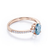 Simple 3 Stone 1.75 Carat Oval Cut Natural Deep Blue Aquamarine and Diamond Semi Eternity Pave Engagement Ring in Rose Gold for Her