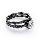 Double Twisted Eternity - 1.75 TCW Round Cut Moissanite with Lab Created Black Diamond - Basket Cathedral Bridal Ring Set in White Gold