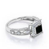 Art Deco Beaded 1.35 Carat Princess Cut Black Diamond Halo Engagement Ring In White Gold