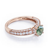 Classic Four Prong 1.45 Carat Round Cut Green Moss Agate And Diamond Vintage Milgrain Engagement Ring In Rose Gold
