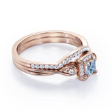Cushion Halo Prong - 0.85 TCW Princess Cut Aquamarine and Moissanite - Infinity Split Shank Wedding Ring Set -  Rose Gold