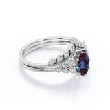 Unique Floral Design 1.50 Carat Oval Cut Lab Made Purple Alexandrite and Diamond Filigree Milgrain Wedding Ring Sets - Bridal Set Rings in White Gold for Women