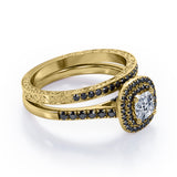 Filigree Scalloped Pave 1.65 TCW Princess Cut Moissanite with Lab Created Black Diamond Double Halo Style Wedding Ring Set in White Gold