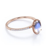 Simple Art Deco 1.25 Carat Oval Cut Rainbow Moonstone Ring with Authentic Diamond in Rose Gold
