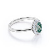 Solitaire Snowflake Style 1.25 Carat Oval Cut Milky White Moss Green Agate and Diamond Halo Engagement Ring
