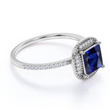 Floral Design 1.25 Carat Cushion Cut Sapphire and Diamond Halo Engagement Ring in White Gold
