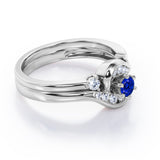 6 Prong Tension Design - 0.55 TCW Round Shaped Blue Sapphire and Moissanite - Flush Chanel Wedding Ring Set - White Gold