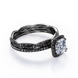 Eternity Crossover - 1.75 TCW Cushion Cut Moissanite with Lab Created Black Diamond - Halo Pave Setting Wedding Set in White Gold