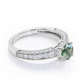 Classic Four Prong 1.45 Carat Round Cut Green Moss Agate And Diamond Vintage Milgrain Engagement Ring In Rose Gold