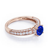 Classic Four Prong 1.45 Carat Round Cut Lab-Created Sapphire And Diamond Vintage Milgrain Engagement Ring In Rose Gold