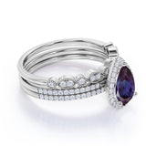 Pave Art Deco 2 Carat Lab Created Alexandrite and Diamond Halo Vintage Trio Bridal Set Rings