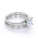 1.25 ct - Princess Cut Moissanite - Pave Band - Simple Antique Engagement Ring Set - 10K White Gold
