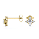 Dainty Sunburst 1.15 Carat Round Certified Moissanite and Diamond Shared Prong Stud Earrings in Yellow Gold