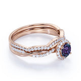 Twist Under Halo 1.75 Carat Round Cut Lab Grown Alexandrite and Diamond Semi Eternity Wedding Set Rings