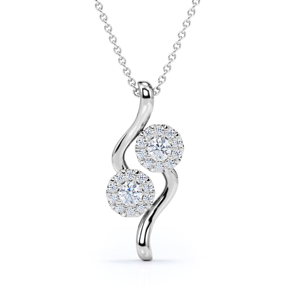Up-Side Down 0.3 carat Round Moissanite and Diamond Double Curve Pendant and Necklace in 18k Rose Gold Over Silver