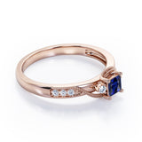 Double Curved Line Milgrain 0.55 carat Princess Blue Sapphire and Moissanite Dainty Engagement Ring in White Gold