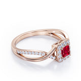 1.25 ct Princess Lab-Created Ruby Pave Halo Engagement Ring