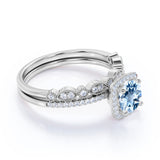 Halo 1.75 ct Round Aquamarine Vintage Wedding Ring Set