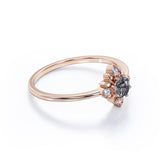 Dainty Solitaire 0.60 Carat Round Cut Druzy Black Rutilated Quartz and Diamond Flower Bezel Promise Ring - Engagement Ring